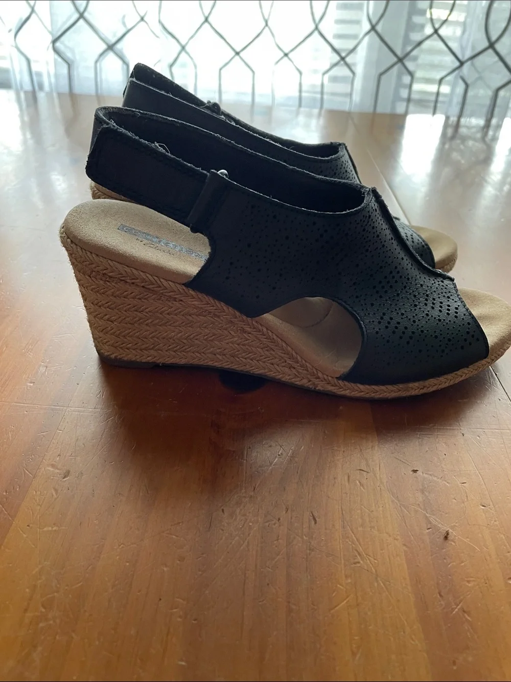 Collection B Black Perforated Open-Toe Wedge Sandals